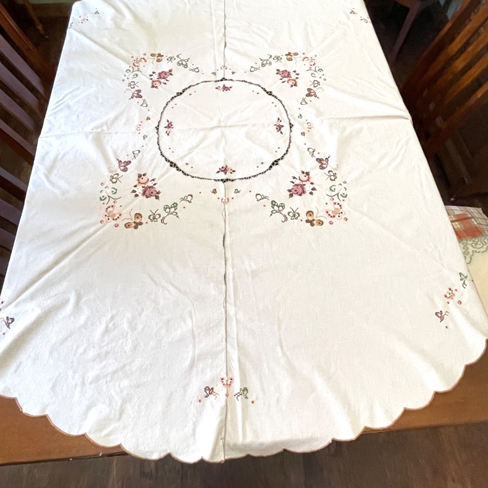 Vintage Linen Oval Tablecloth Embroidered Cross Stitched Roses Butterflies 64x65